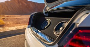 A car in a desert with its trunk open and a speaker system installed therein