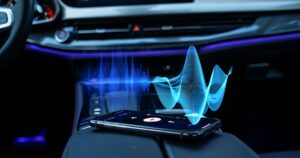 The inside of a car with a cellphone sitting on the middle armrest