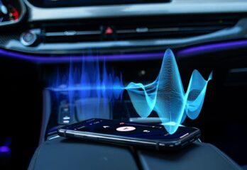 The inside of a car with a cellphone sitting on the middle armrest