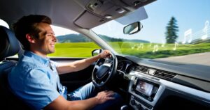 A happy man driving a car down the road while music notes float by in the breeze