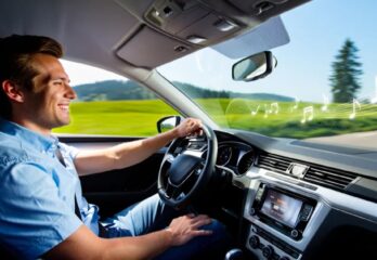 A happy man driving a car down the road while music notes float by in the breeze