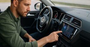 A man inside a car looking a screen with his hand poised to change a song