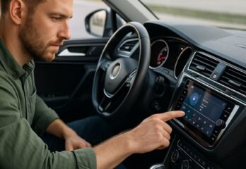 A man inside a car looking a screen with his hand poised to change a song