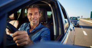 A man sitting in his car driving down the highway glancing out the window