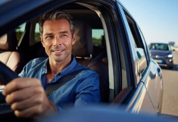 A man sitting in his car driving down the highway glancing out the window