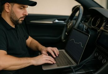 A man typing on his computer while sitting inside a vehicle