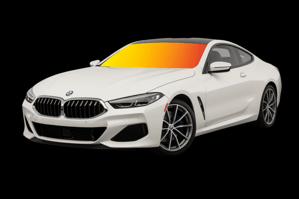 dark background with white bmw 8 series couple and yellow orange red gradient colored windshield tint