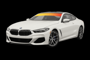 dark background with white bmw 8 series couple and yellow orange red gradient colored windshield tint strip