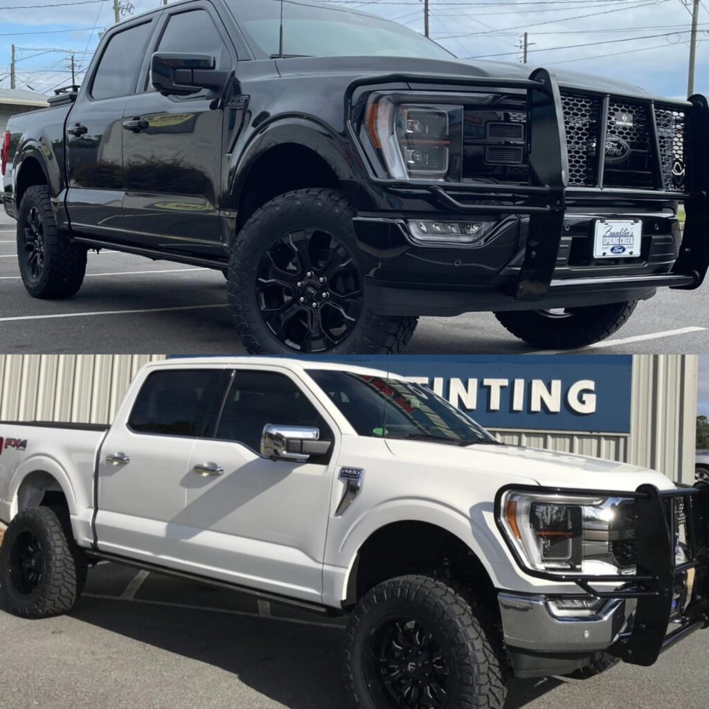 black truck and white truck stacked in vertical grid