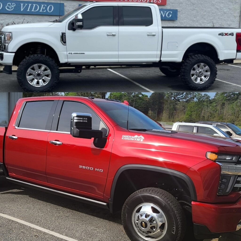 white truck and red truck stacked in vertical grid