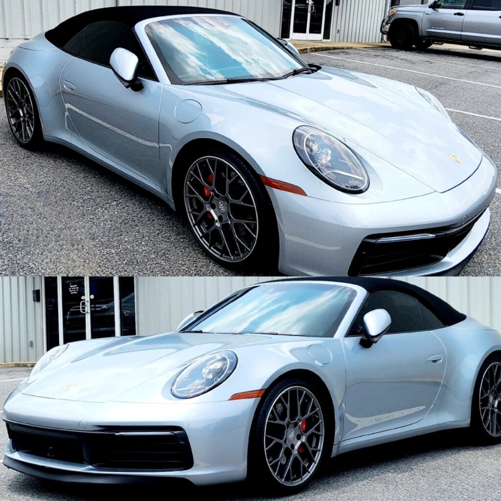 silver convertible with black top stacked vertically shown from two angles