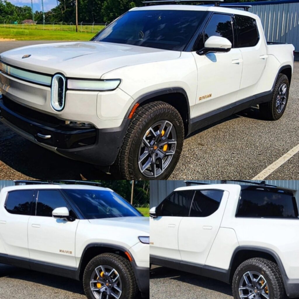 white truck in a three image grid