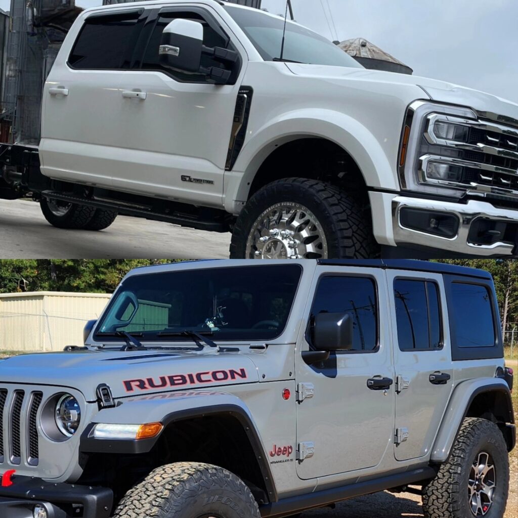 white truck and gray jeep in a vertical grid