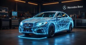 A cool futuristic looking Mercedes car in an audio shop