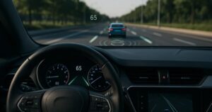 The view of a road with one car on it from the front of the car
