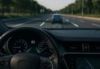 The view of a road with one car on it from the front of the car
