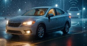 A car running in a snowy parking lot at night with its headlights on