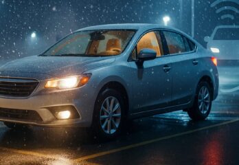 A car running in a snowy parking lot at night with its headlights on