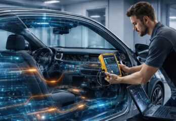 A man taking readings from a vehicle