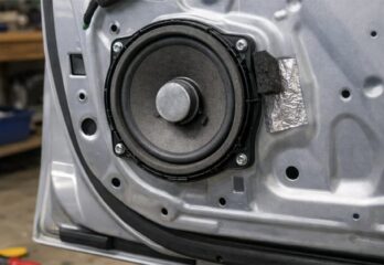 A car door with a speaker being installed