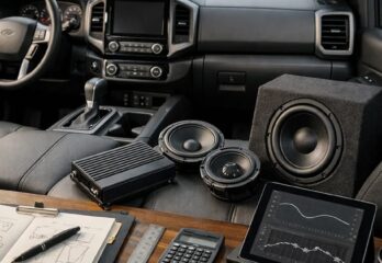 The interior of a vehicle with a desk, car audio speakers and equipment, a tablet and calculating supplies