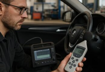 A man sitting in a car holding a device to take sound readings on