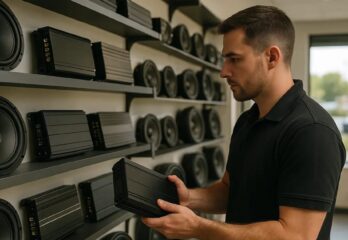 A man choosing an amplifier from a wall of car audio equipment