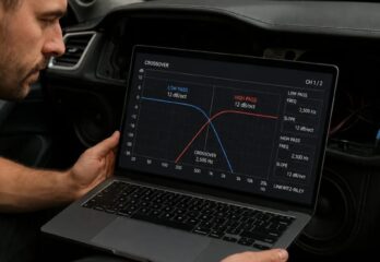 A man sitting in a vehicle looking at a graph on a laptop