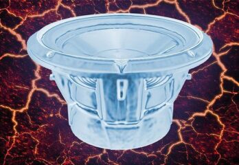 A subwoofer made of ice on a lava background